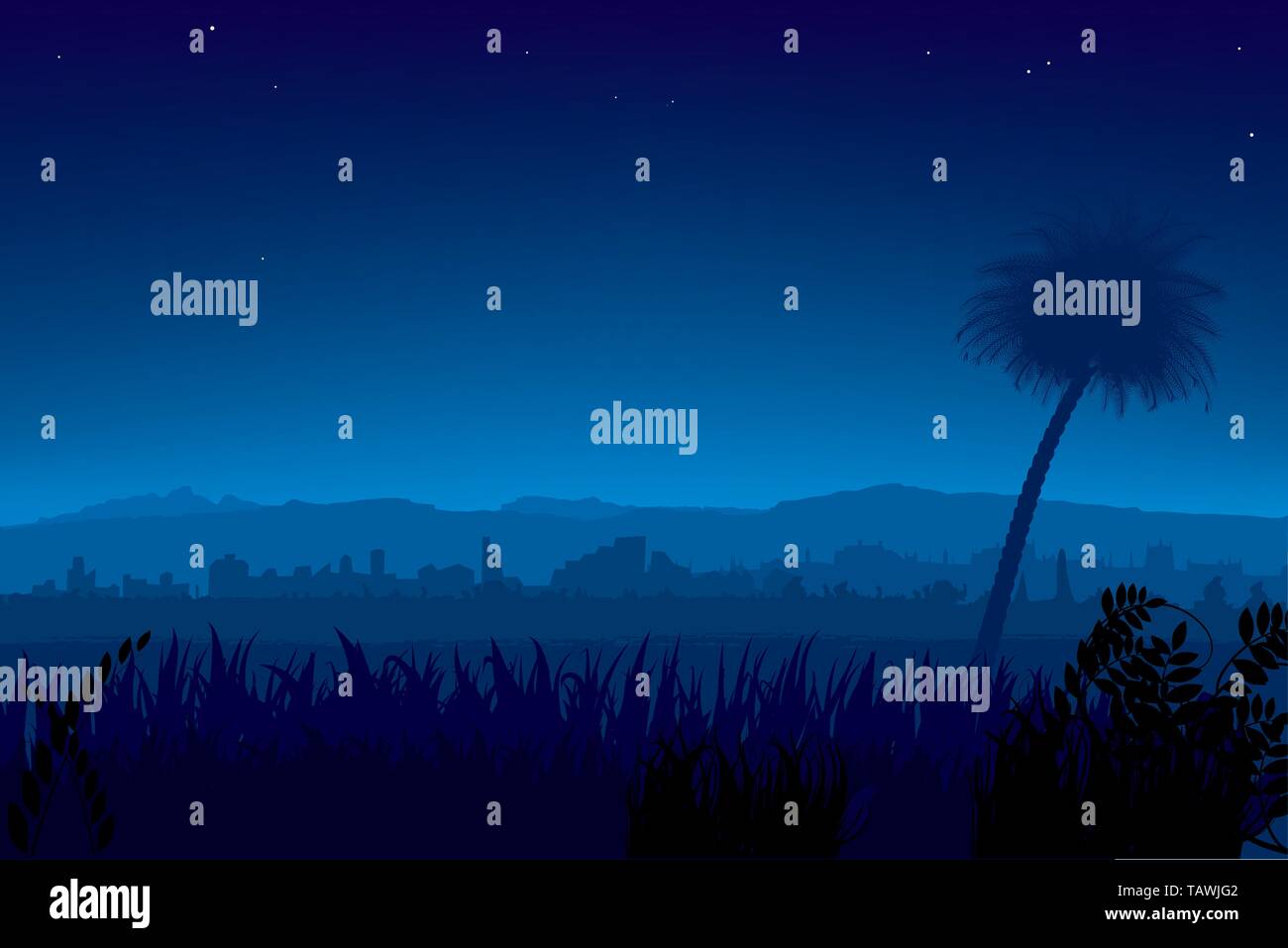 Illustrazione Vettoriale. Paesaggio notturno con palme e città in background. Illustrazione Vettoriale