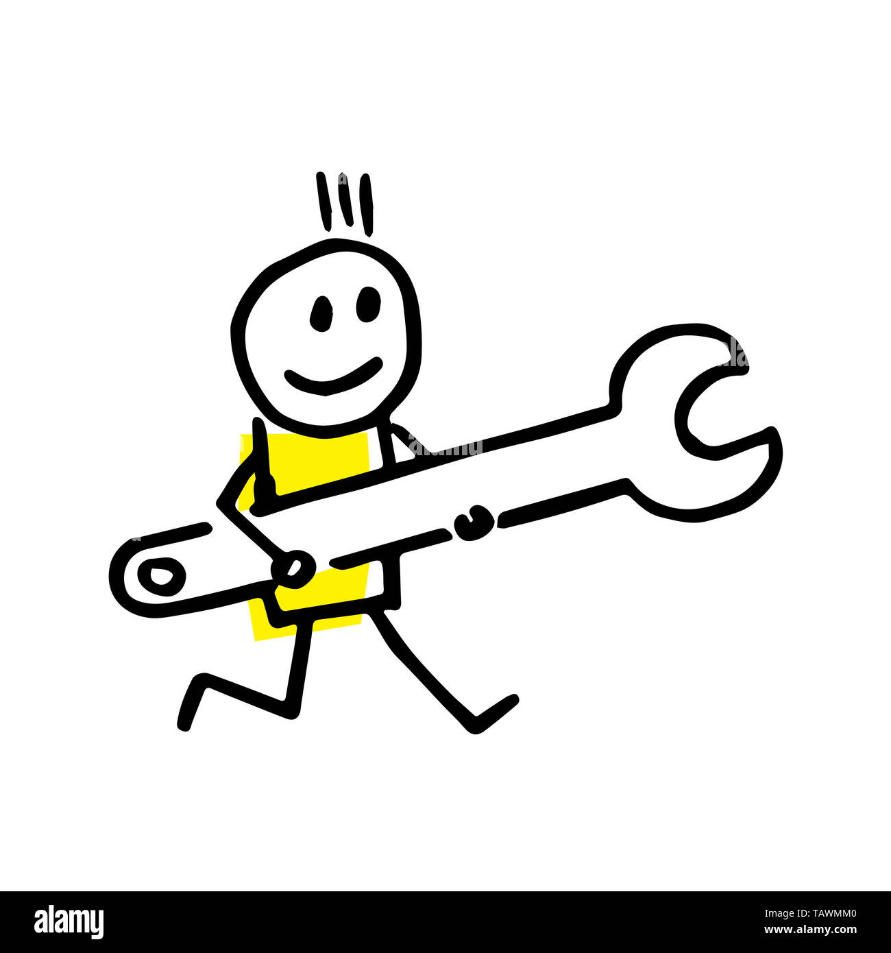 Felice mano disegnato stick figura carattere in fretta per aiutare a risolvere un problema. Foto Stock