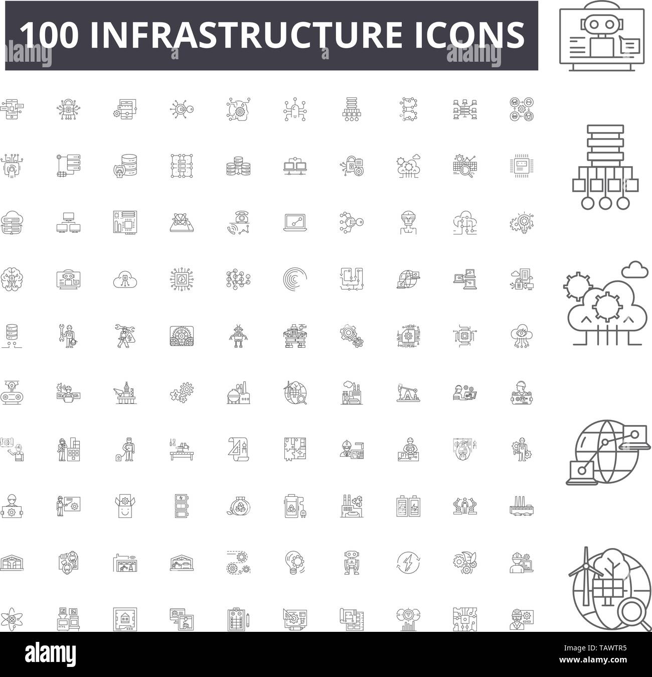 Linea di infrastruttura icone, segni, set di vettore, illustrazione di contorno concept Illustrazione Vettoriale