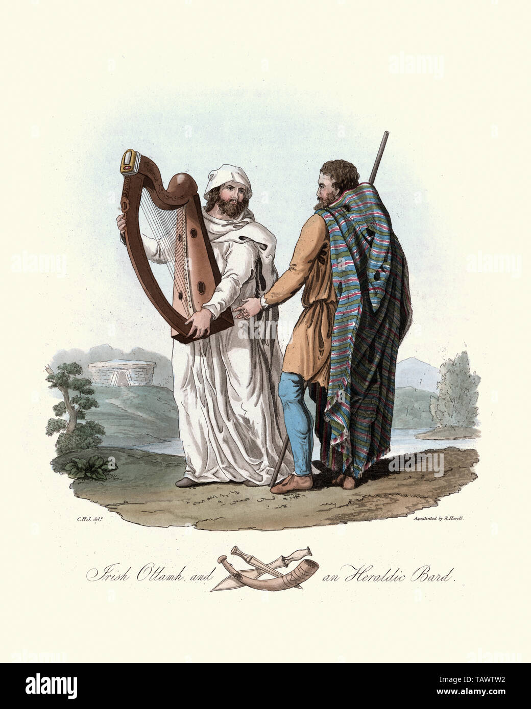 Antica Ottamh irlandese e araldico bard. 1815, il costume degli abitanti originari delle isole britanniche, da MEYRICK, Samuel Rush e SMITH Charle Foto Stock