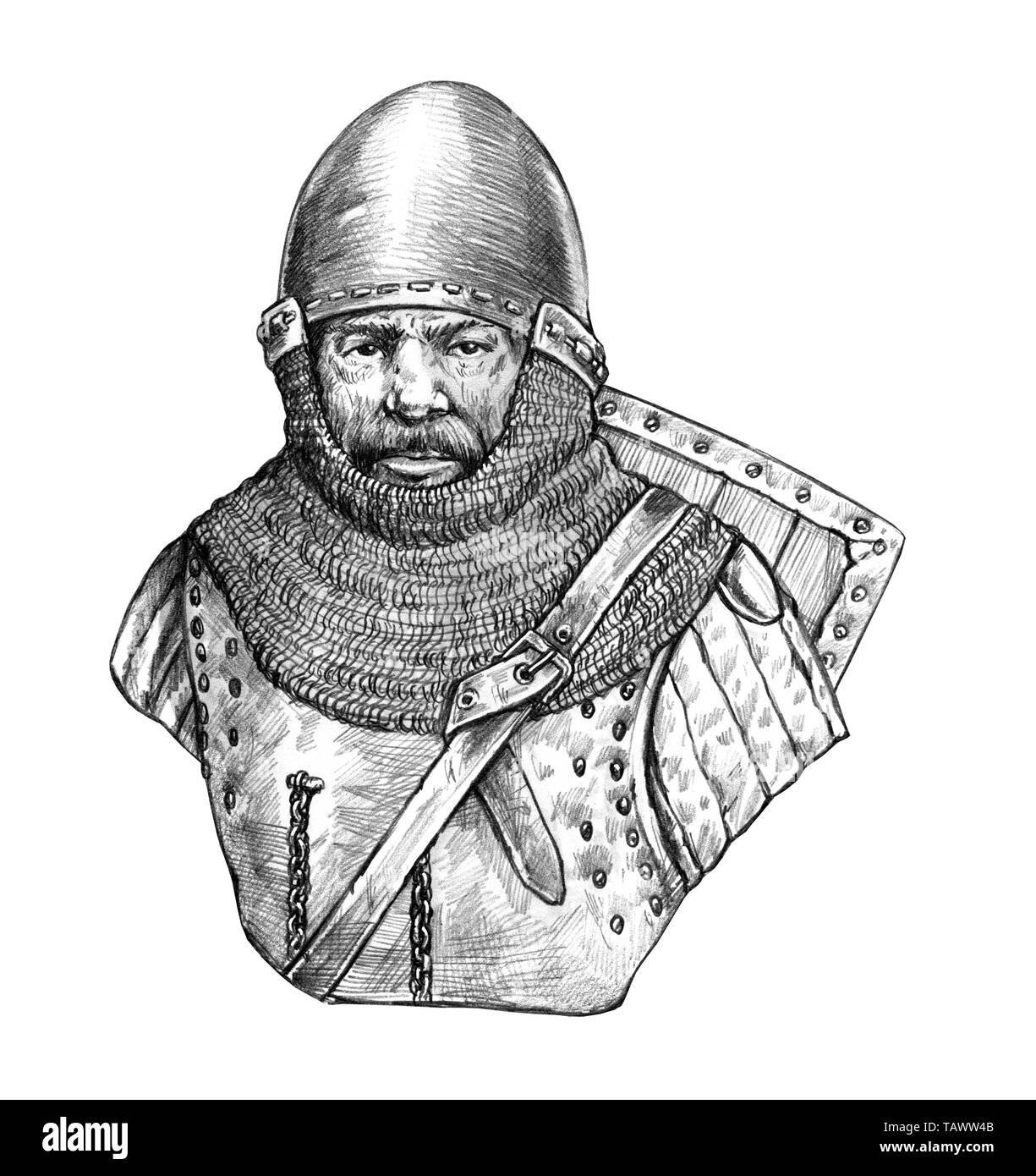 Cavaliere medievale busto disegno. Cavaliere illustrazione isolato. Storico di disegno a matita. Foto Stock