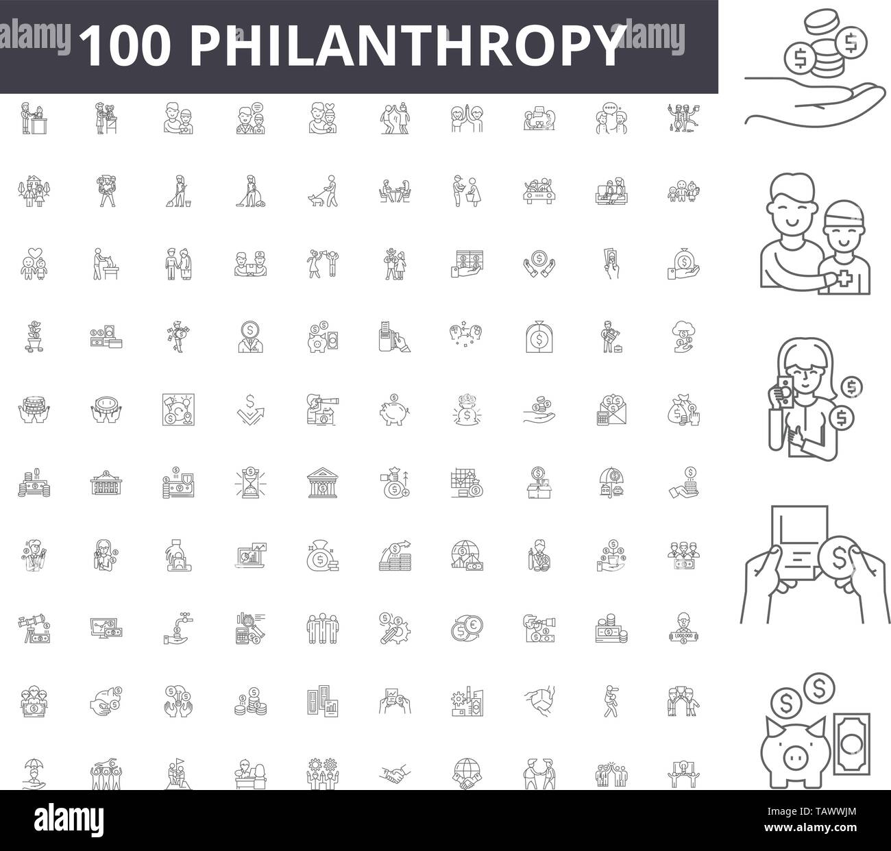 La filantropia le icone della linea, segni, set di vettore, illustrazione di contorno concept Illustrazione Vettoriale