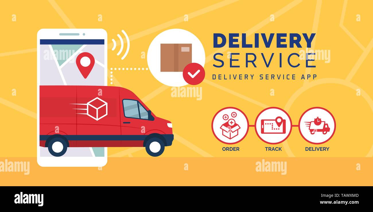 Consegna rapida service app sullo smartphone con consegna van, logistica e il concetto di tecnologia Illustrazione Vettoriale