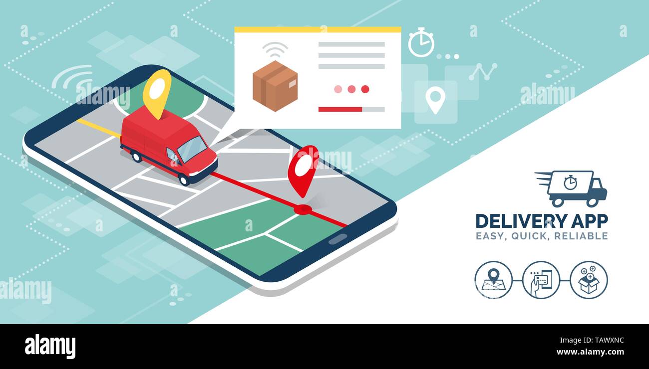 Consegna rapida service app: van isometrica offrendo una casella e tracciamento degli ordini su uno smartphone, logistica e il concetto di tecnologia Illustrazione Vettoriale