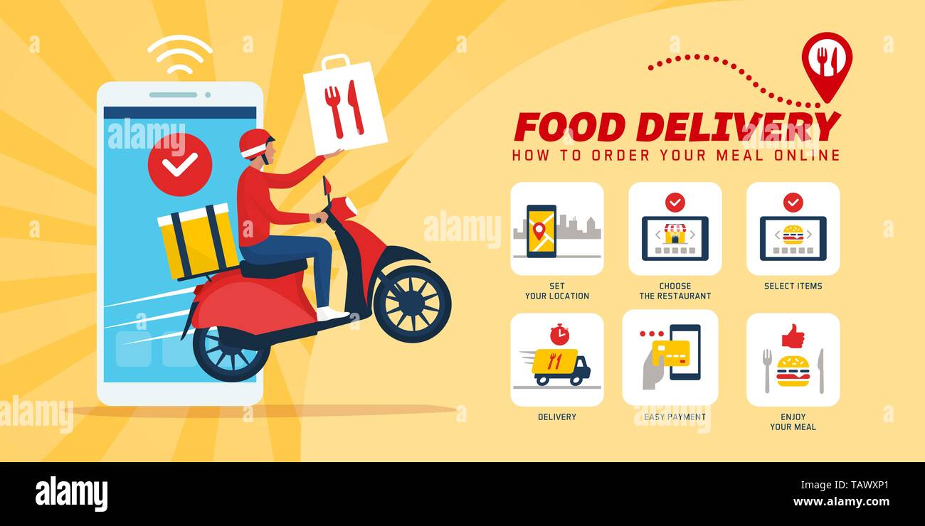 Il fast food consegna app su uno smartphone con consegna un uomo su uno scooter: Come ordinare prodotti alimentari online Illustrazione Vettoriale