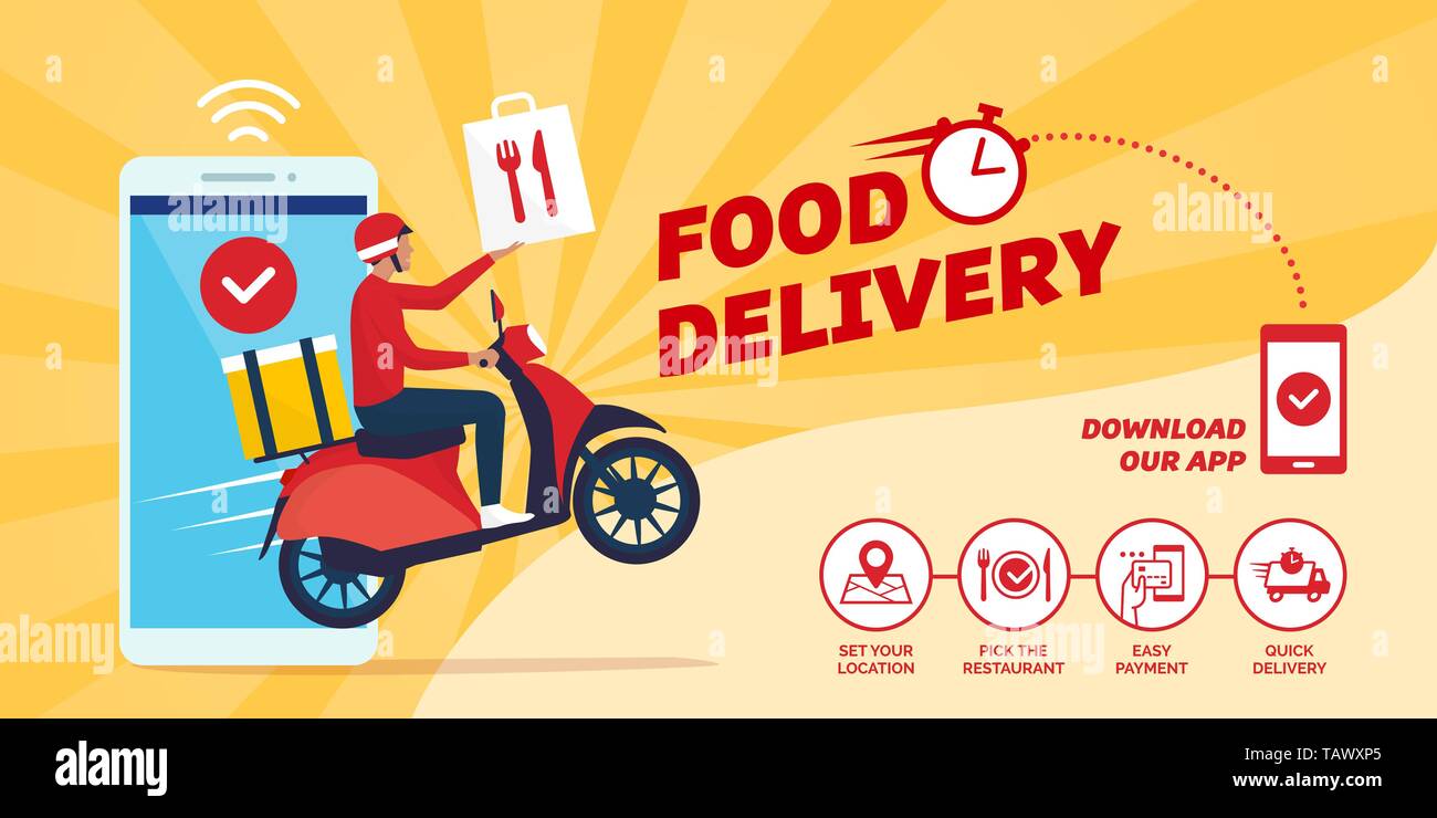 Il fast food consegna app su uno smartphone con consegna un uomo su uno scooter: Come ordinare prodotti alimentari online Illustrazione Vettoriale