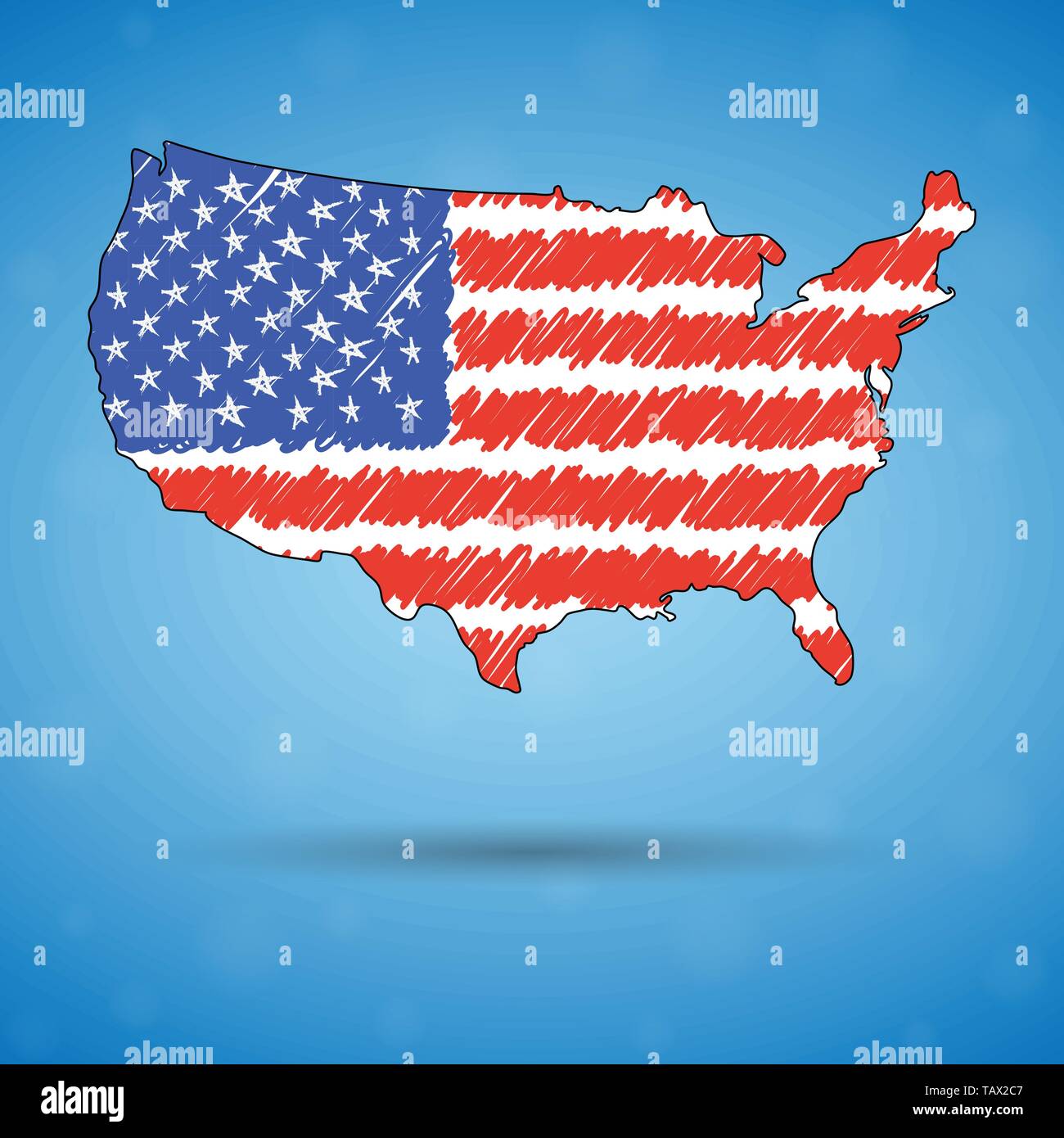 Scribble mappa degli Stati Uniti d'America. Schizzo mappa del Paese per una infografica, brochure e presentazioni, disegno stilizzato mappa degli STATI UNITI D'AMERICA. Vettore Illustrazione Vettoriale
