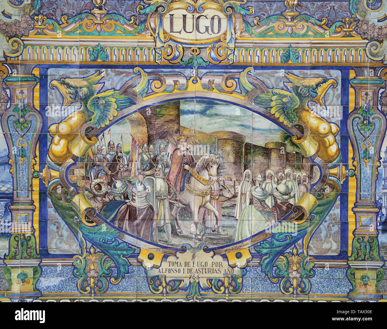 Conquista di Lugo (Galizia) da de re Alfonso I delle Asturie, 755. Ceramiche di Piazza di Spagna. Siviglia. Spagna. Foto Stock