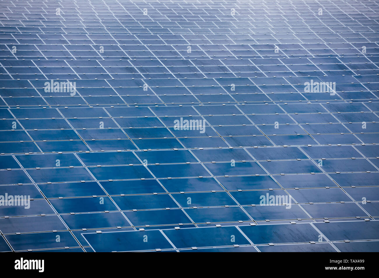 Array di pannelli solari a centrale fotovoltaica o solare farm assorbono la luce solare per generare elettricità Foto Stock