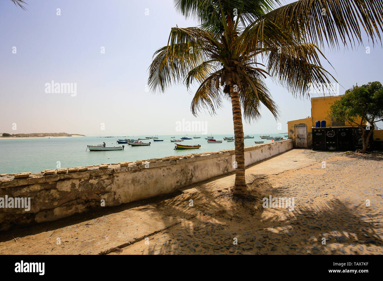 24.02.2019, Sal Rei, Boa Vista, Isole di Capo Verde - vista città con barche da pesca nella baia dell'isola capitale Sal Rei. 00x190224D175CAROEX.JPG [M Foto Stock