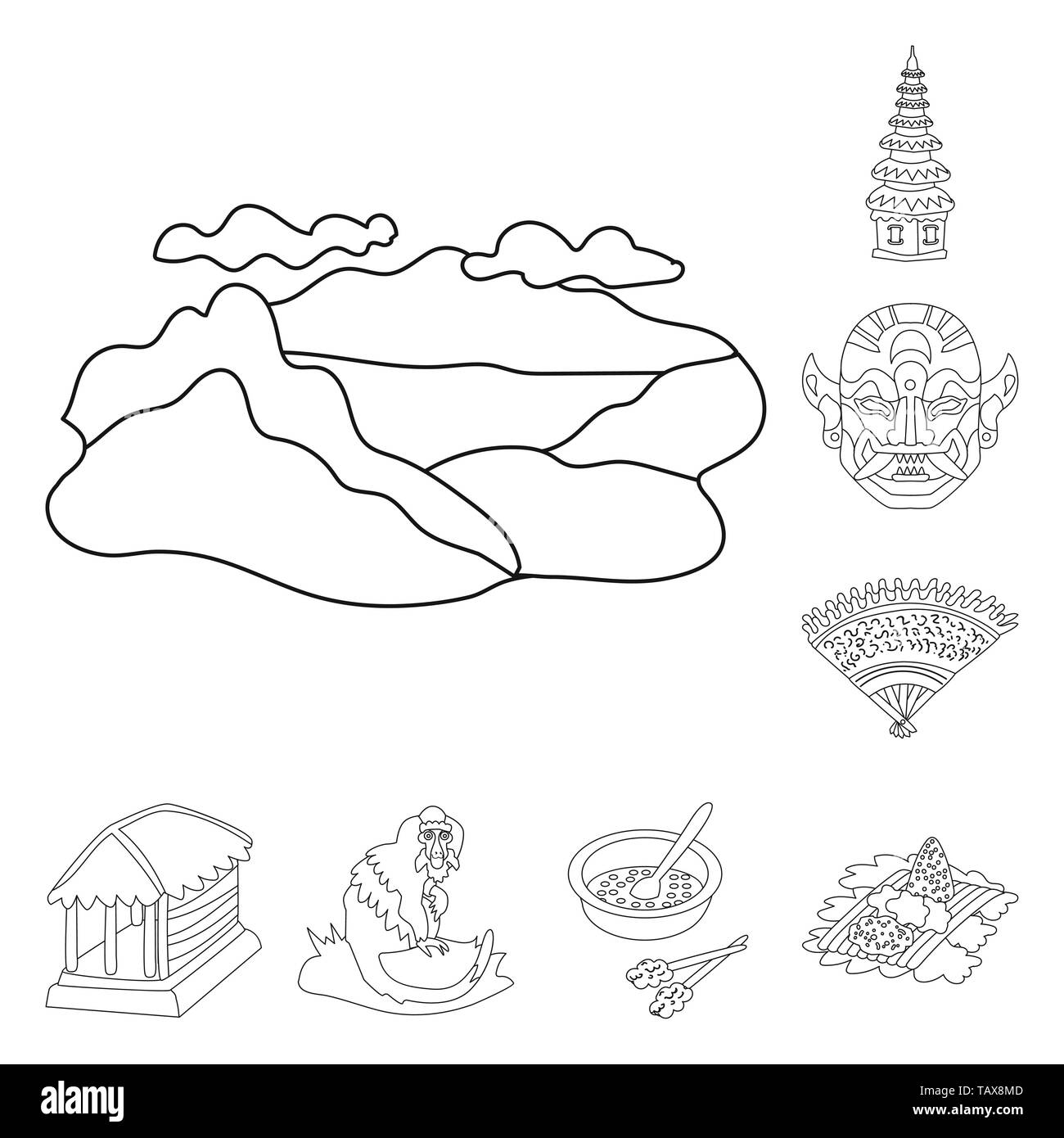 Mountain,tempio,maschera,ventilatore,hut,scimmia,lavastoviglie,riso,lago,landmark,indonesian,bello,Casa,animale,salsa,l'acqua,l'architettura,Dio,stoffa,palm,tropical,cucina,cena,hill,Pregate,mitologia,RICAMI,cultura, design balinese,caraibi,asian,geografia,corsa,turismo,tradizionale,isola,Bali, Indonesia,impostare,vettore,icona,immagine,isolato,raccolta,design,l'elemento,graphic,segno,contorno,linea vettori vettore , Illustrazione Vettoriale