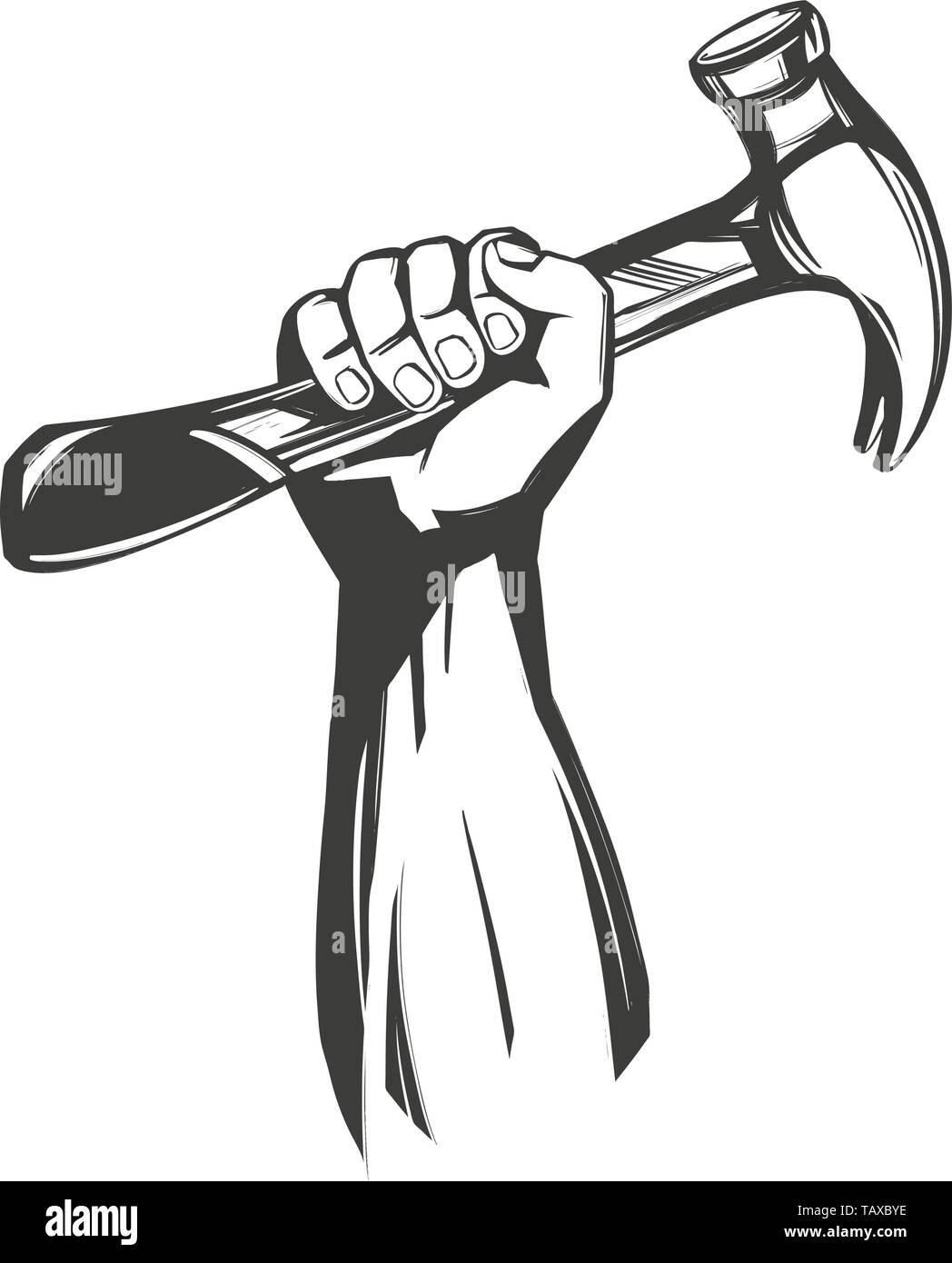Mano che tiene un martello, icona strumenti cartoon disegnati a mano illustrazione vettoriale schizzo Illustrazione Vettoriale