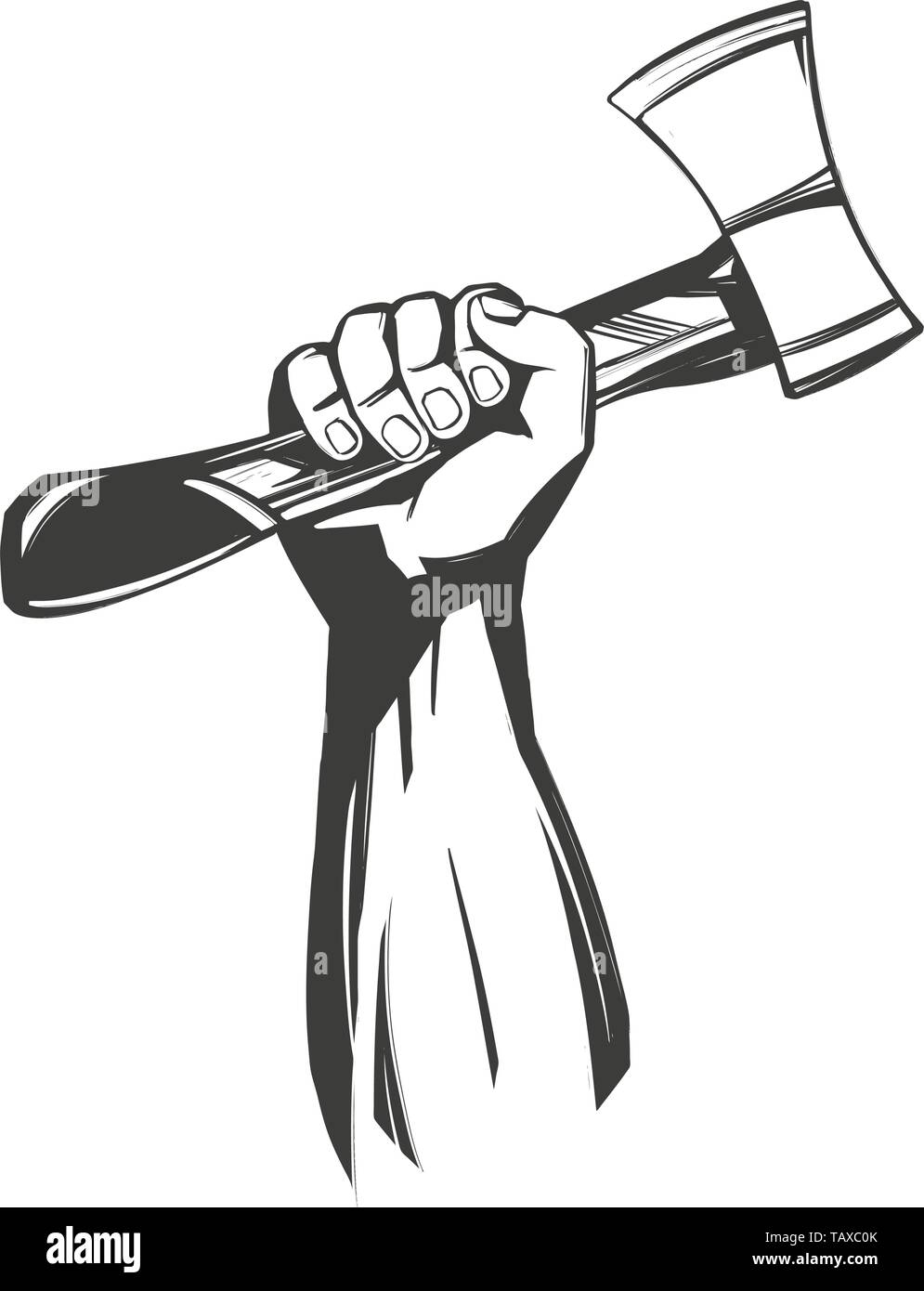 Mano che tiene un ascia, icona strumenti cartoon disegnati a mano illustrazione vettoriale schizzo Illustrazione Vettoriale