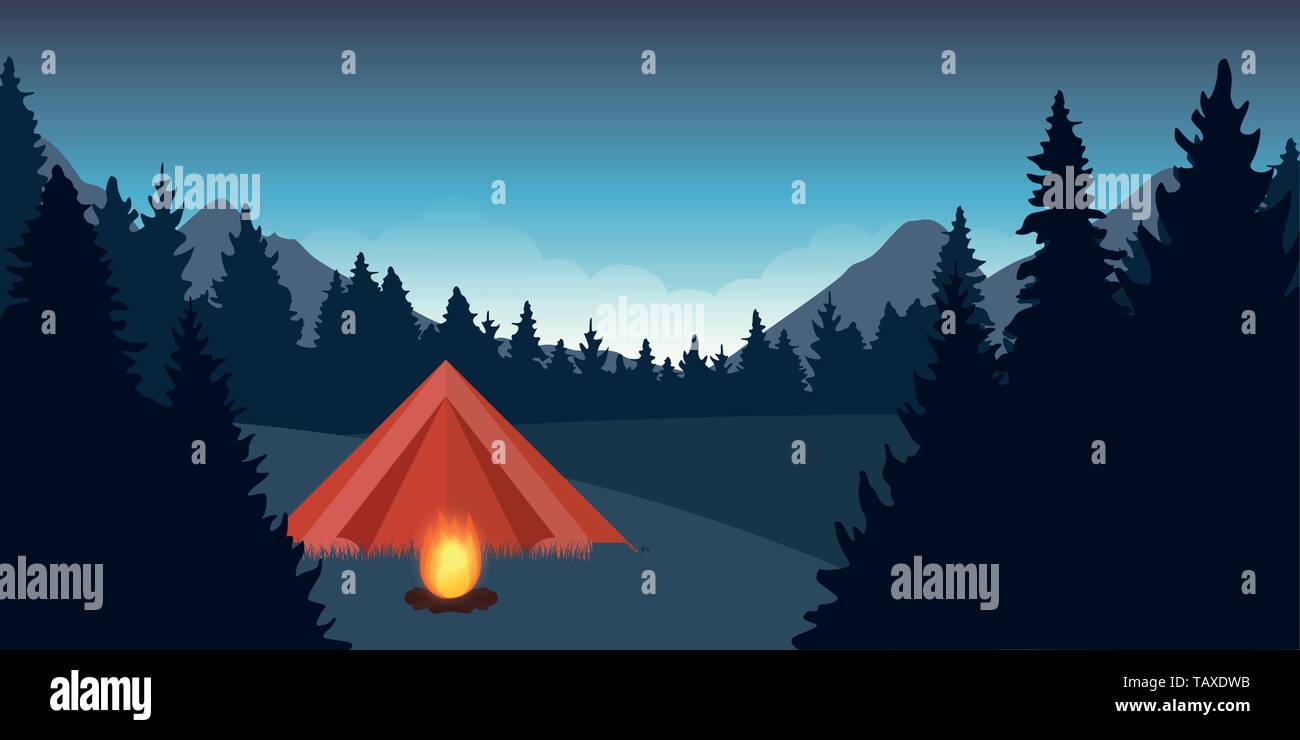 Tenda Rossa con il fuoco di notte nella foresta paesaggio blu illustrazione vettoriale EPS10 Illustrazione Vettoriale