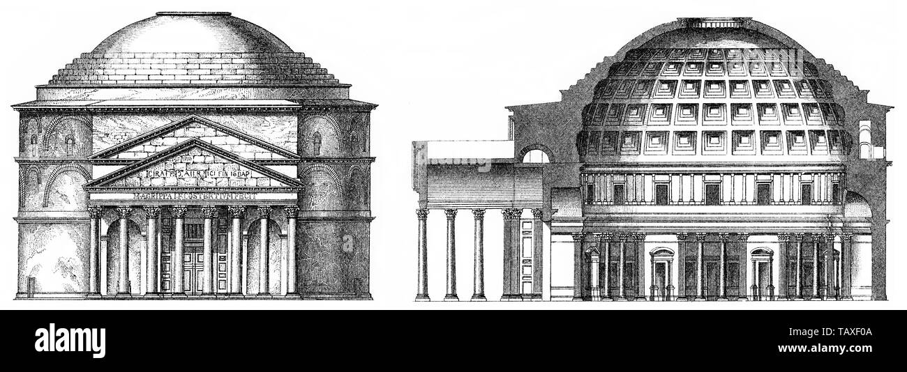 Il Pantheon è un antico edificio in Roma, chiesa cattolica, 2° secolo, Historische, zeichnerische Darstellung, Das Pantheon, antikes Bauwerk in Rom, katholische Kirche, 2. Jahrhundert Foto Stock