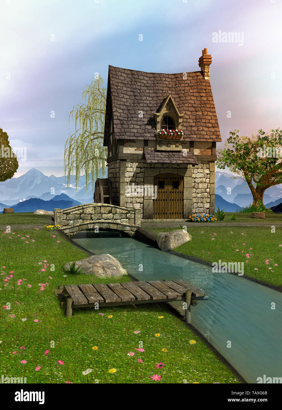 Fairytale mulino ad acqua con i suoi dintorni naturali, 3D Rendering immagine Foto Stock