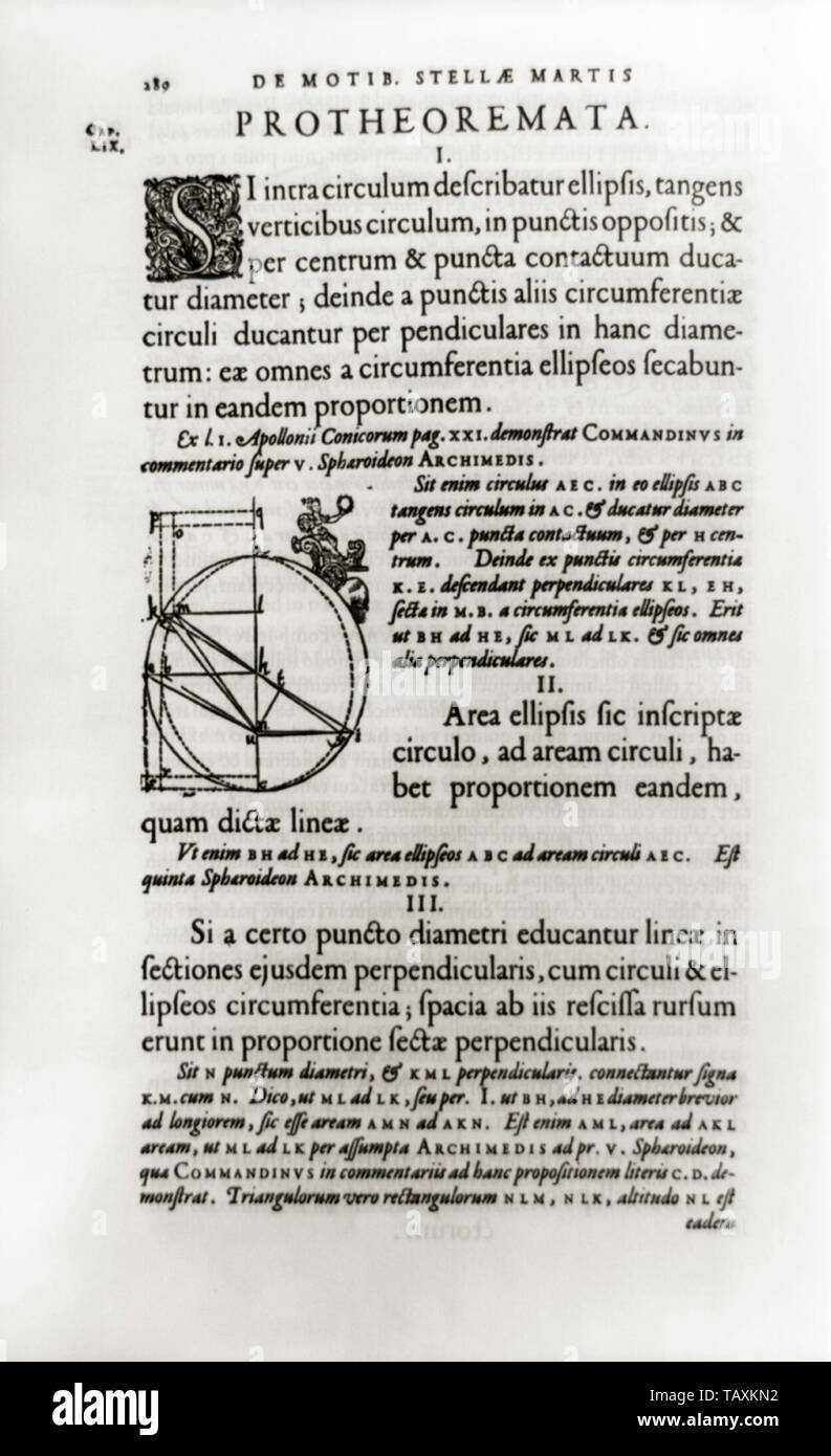 Schema dimostrativo di Kepler prime due leggi del moto planetario utilizzando orbita di Marte intorno al sole, illustrazione, circa 1609 Foto Stock