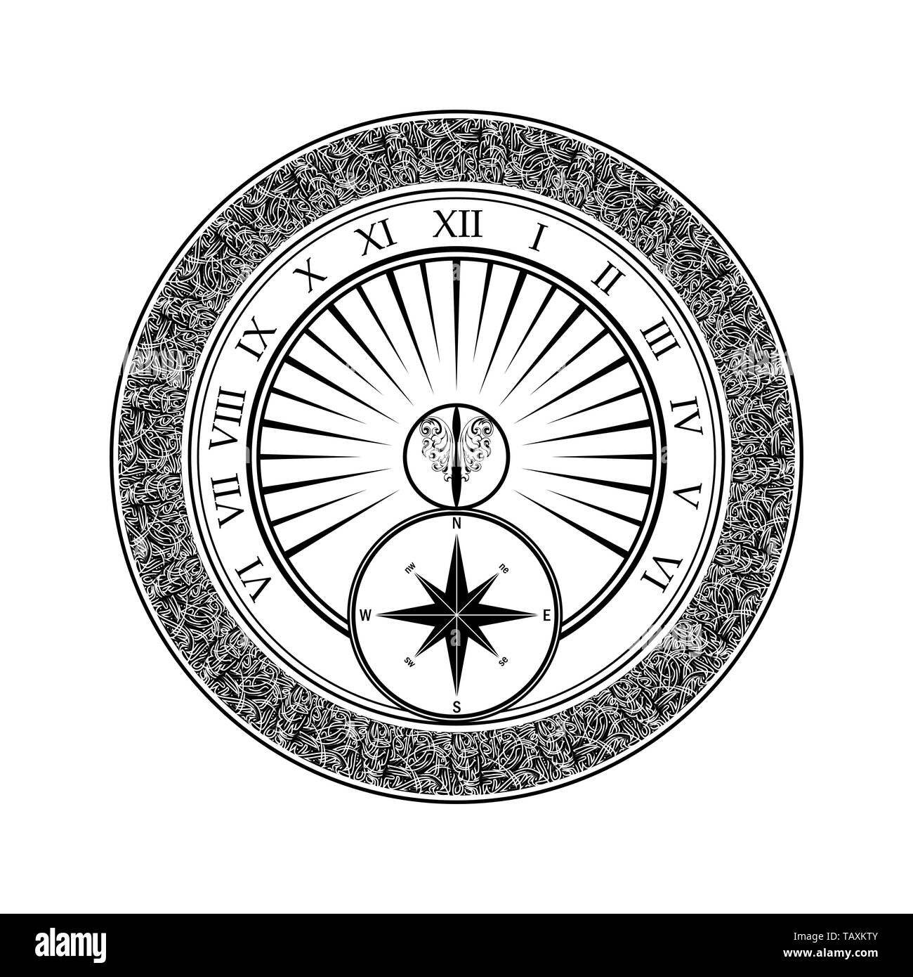 Bussola nero con silhouette ornamento astratto isolato su sfondo bianco Illustrazione Vettoriale