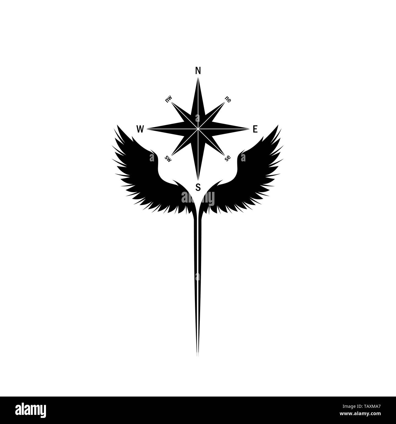 Bussola nero silhouette con ali astratto isolato su sfondo bianco Illustrazione Vettoriale