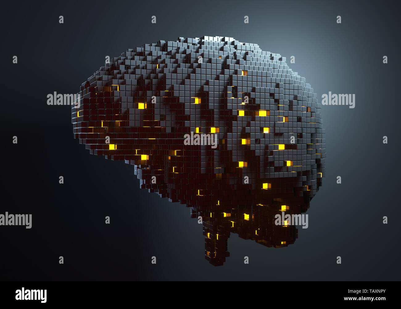Cervello costituito da blocchi. Intelligenza artificiale concetto. 3D illustrazione Foto Stock