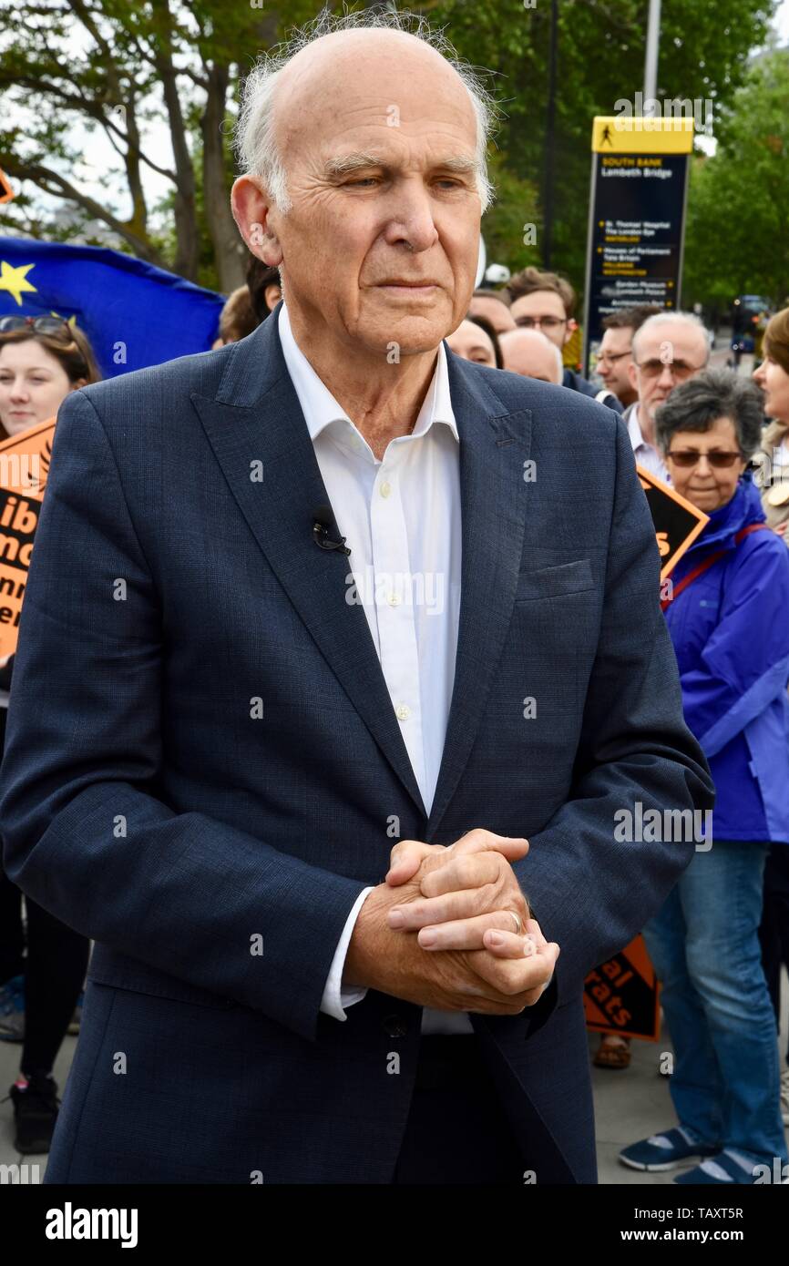 Vince il cavo è stato affiancato da attivisti e il partito della tre nuovi deputati per Londra per celebrare il miglior risultato delle elezioni europee nel Partito della storia. Lambeth Palace Road, Londra Foto Stock