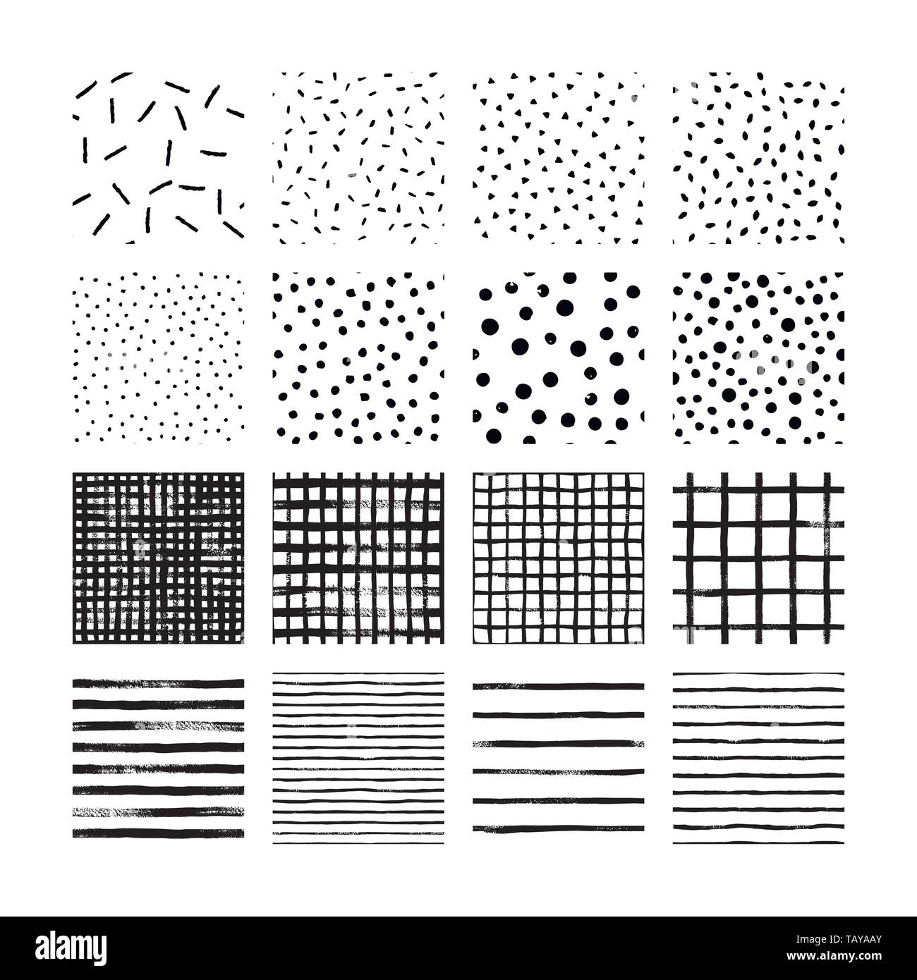 Set di grandi dimensioni di mano disegnare il modello a spazzola bianco e nero. Vector texture seamless pattern a punti, pois, griglia, strisce e le onde. Illustrazione Vettoriale