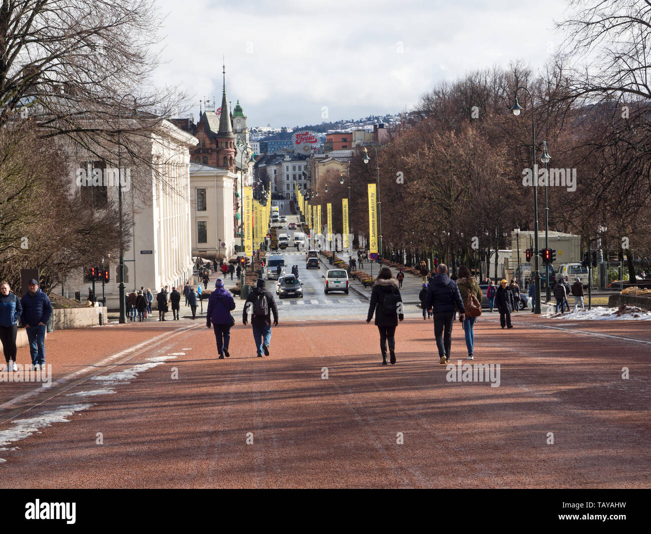 Vista di Karl Johan street nel centro di Oslo Norvegia dal Royal Palace parco Foto Stock