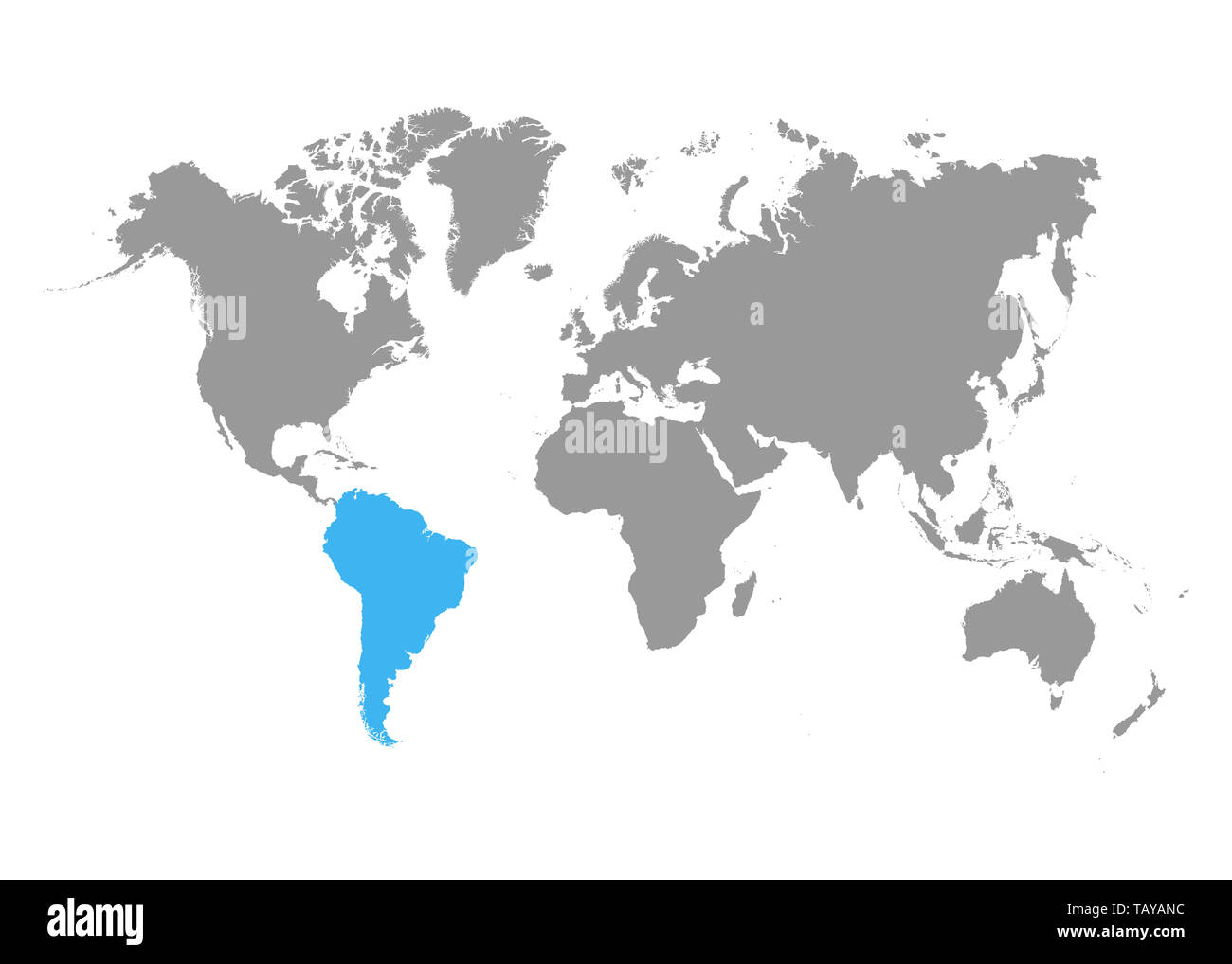 La mappa di Sud America è evidenziata in blu sulla mappa del mondo. Vettore Foto Stock