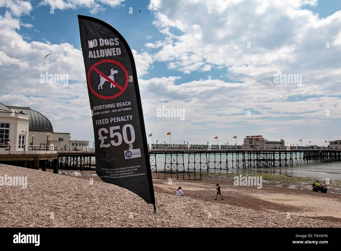 I cani non sono ammessi banner su Worthing beach, per attivare le spiagge pulite durante i mesi di estate Foto Stock