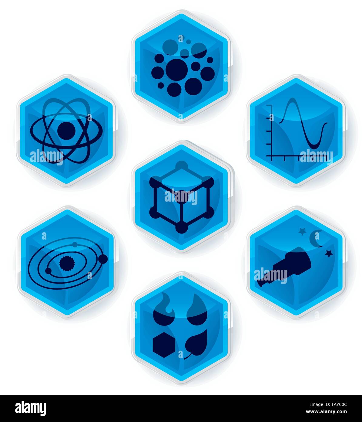 Set di icone della scienza su esagoni. Illustrazione Vettoriale eps10. Illustrazione Vettoriale