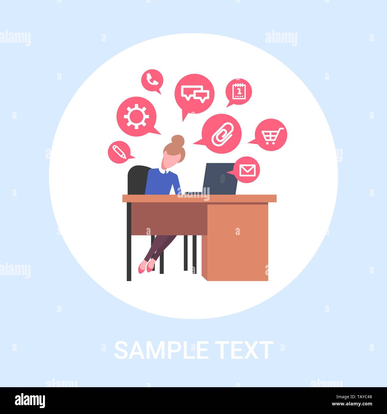 Business donna seduta workplace imprenditrice utilizzando laptop social media network chat online di bolla concetto di comunicazione flat a piena lunghezza Illustrazione Vettoriale