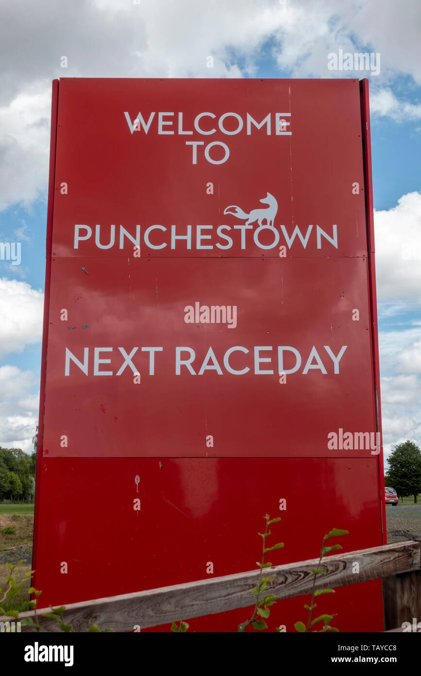 Firmare all'entrata di Punchestown Racecourse Eadestown, nella contea di Kildare, Irlanda. Foto Stock