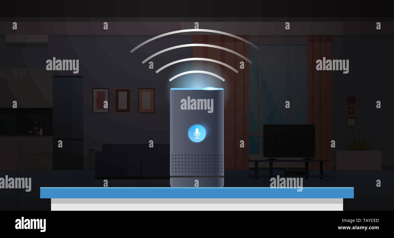 Intelligent smart speaker il riconoscimento vocale attivato assistenti digitali di comando automatizzato relazione concetto moderno appartamento cucina soggiorno Illustrazione Vettoriale