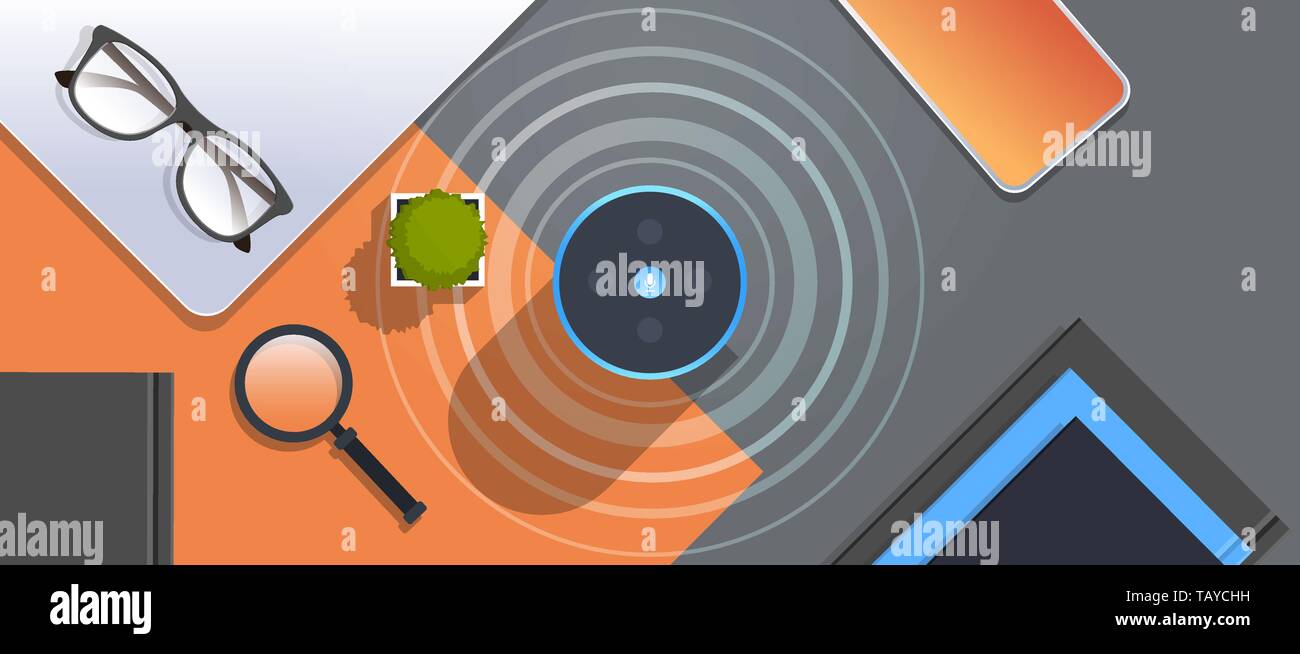 Relistic smart speaker su workplace desctop il riconoscimento vocale attivato assistenti digitali di comando automatizzato relazione concetto alto angolo di vista flat Illustrazione Vettoriale