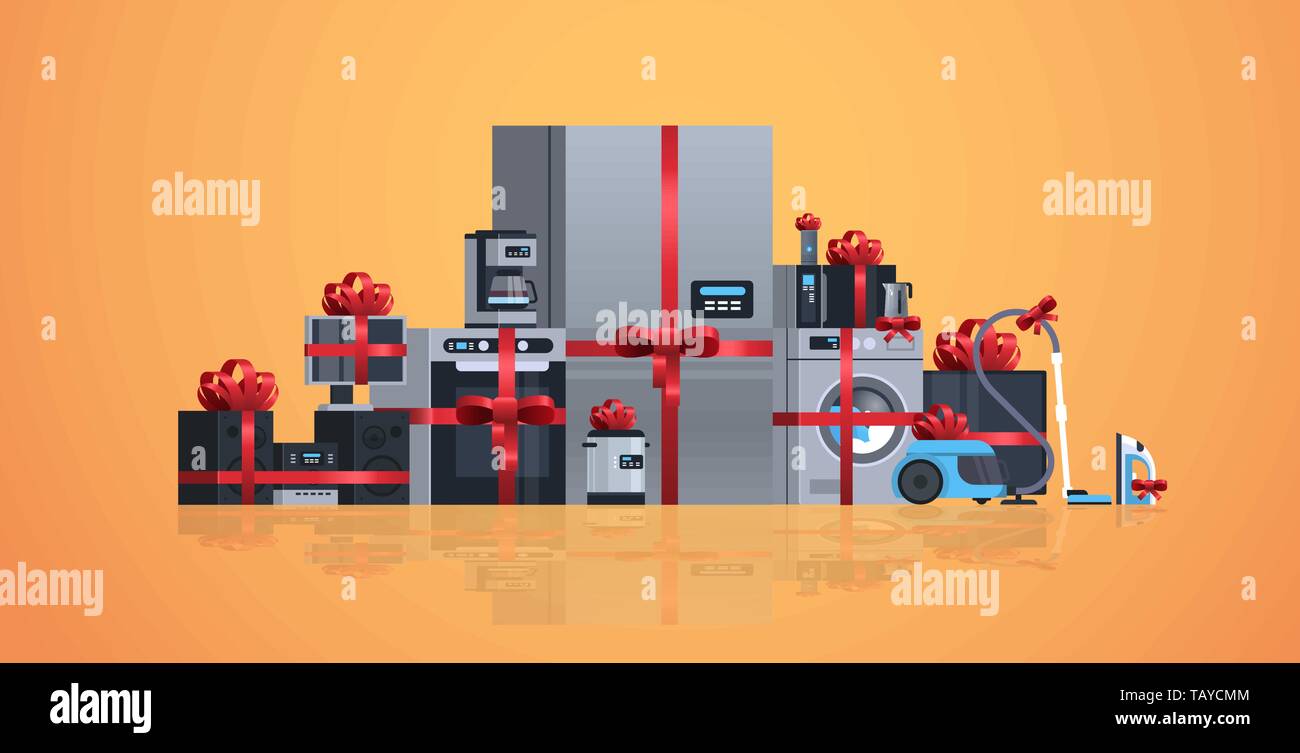 Impostare diversi elettrodomestici avvolto con nastro rosso casa elettrico attrezzatura di raccolta orizzontale piana Illustrazione Vettoriale