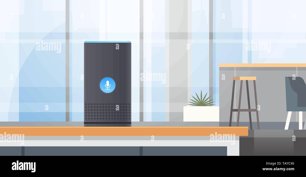 Intelligent smart speaker il riconoscimento vocale attivato assistenti digitali di comando automatizzato relazione concetto moderno Cafe' interno orizzontale piana Illustrazione Vettoriale