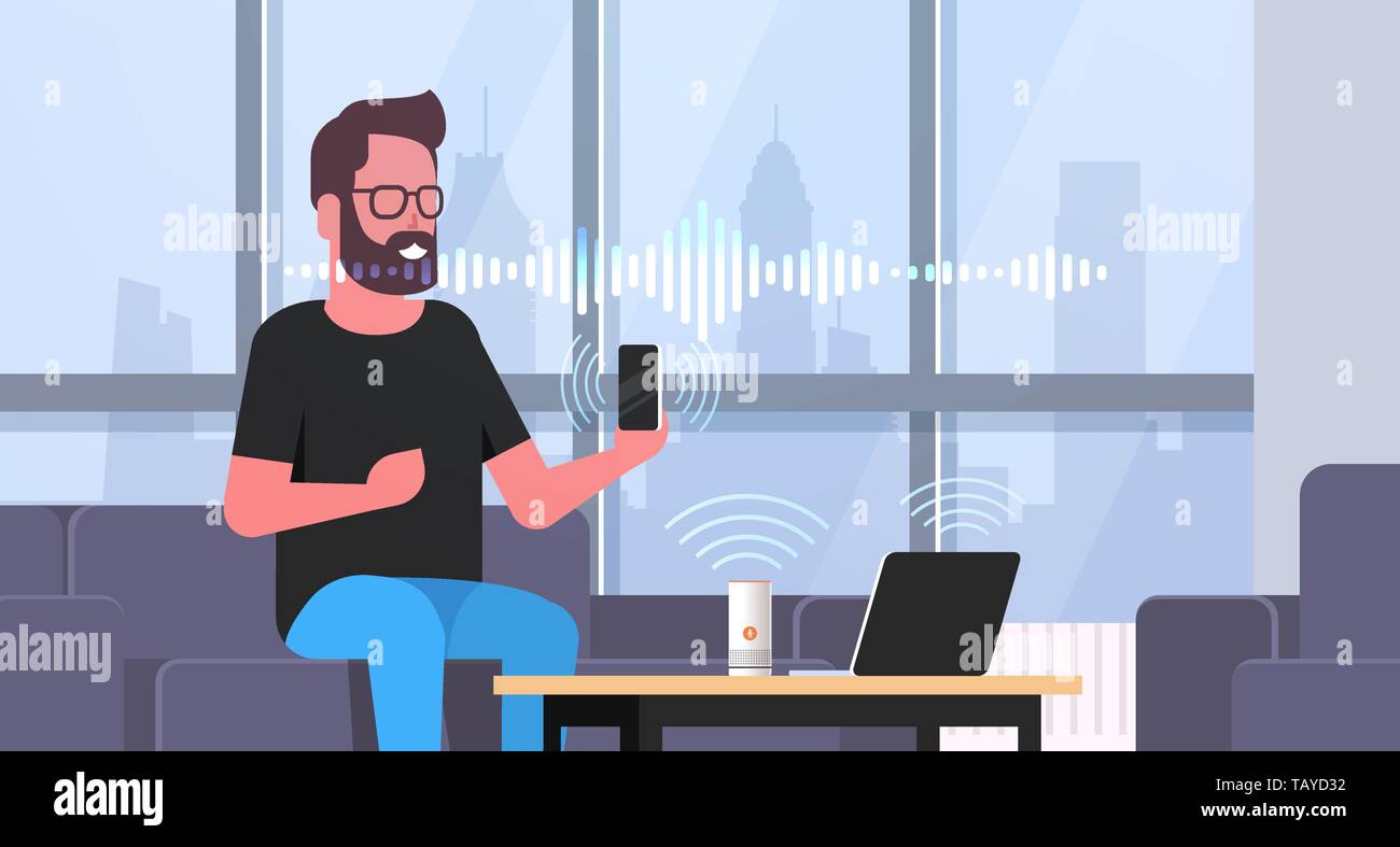 L'uomo utilizza lo smartphone e il computer portatile controllato da smart speaker il riconoscimento vocale concetto moderno soggiorno interno piana orizzontale e verticale Illustrazione Vettoriale
