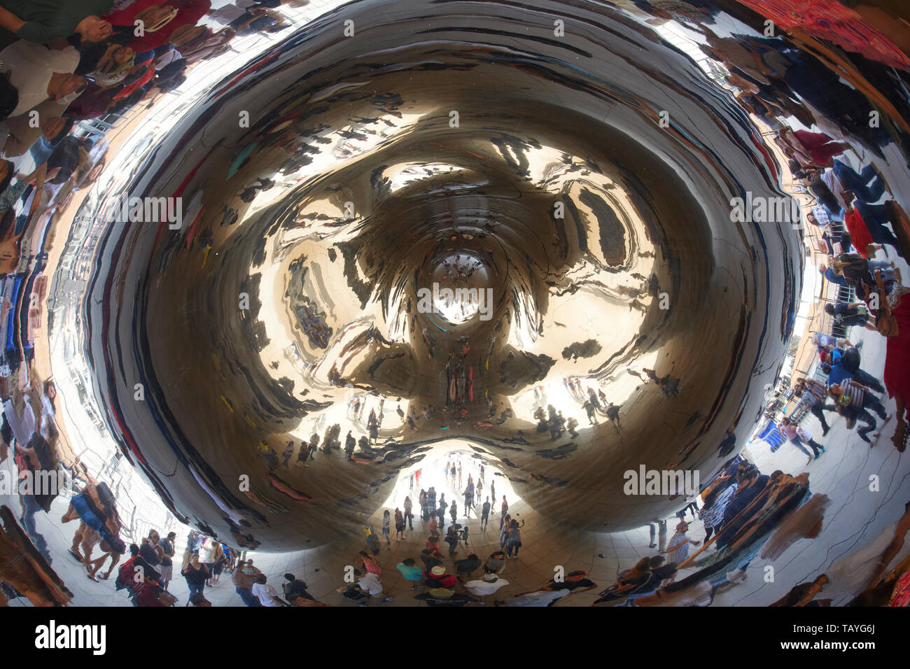 Riflessioni al di sotto della scultura del Cloud Gate, noto anche come il fagiolo, al Millenium Park di Chicago, Illinois, Stati Uniti Foto Stock