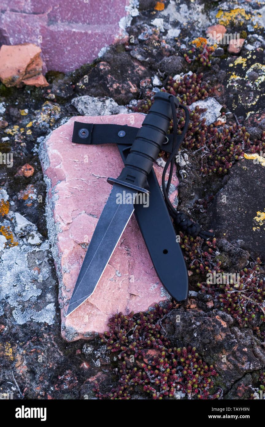 Grande esercito coltello e guaina in plastica. Coltello militare. Telaio verticale. Foto Stock