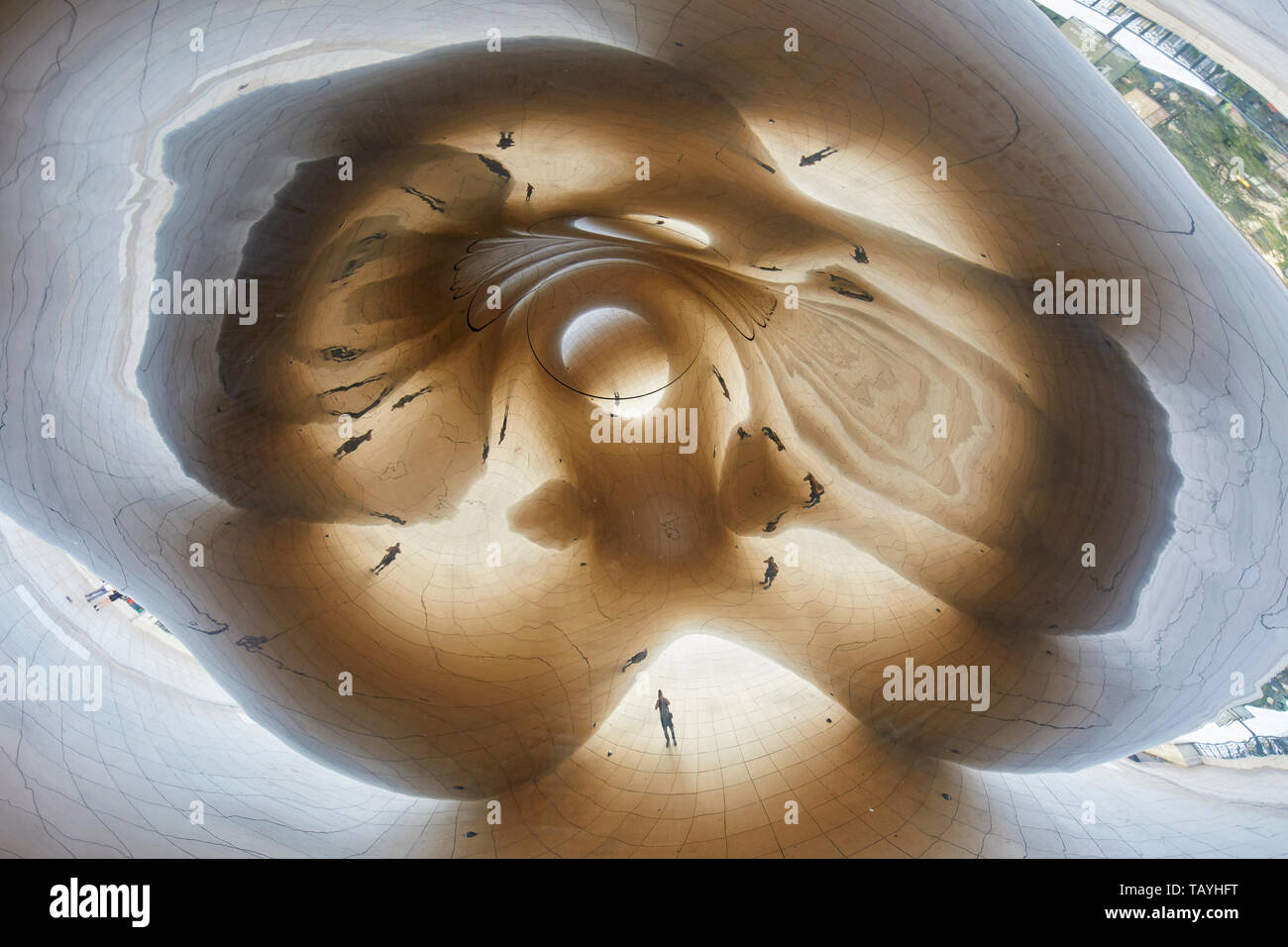 Riflessioni al di sotto della scultura del Cloud Gate, noto anche come il fagiolo, al Millenium Park di Chicago, Illinois, Stati Uniti Foto Stock