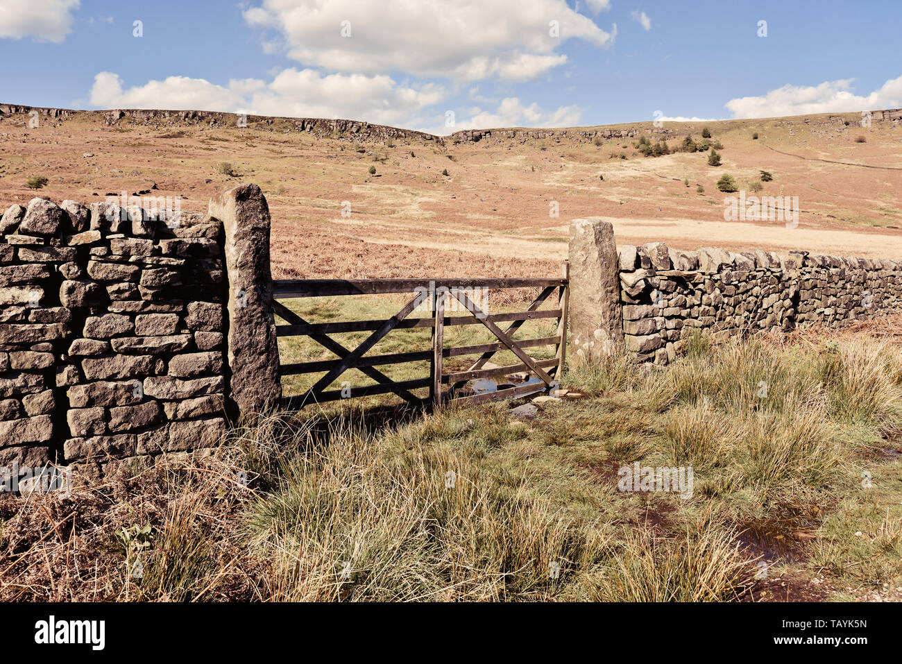 Muro di pietra e il cancello di legno nel Derbyshire nel Regno Unito Foto Stock