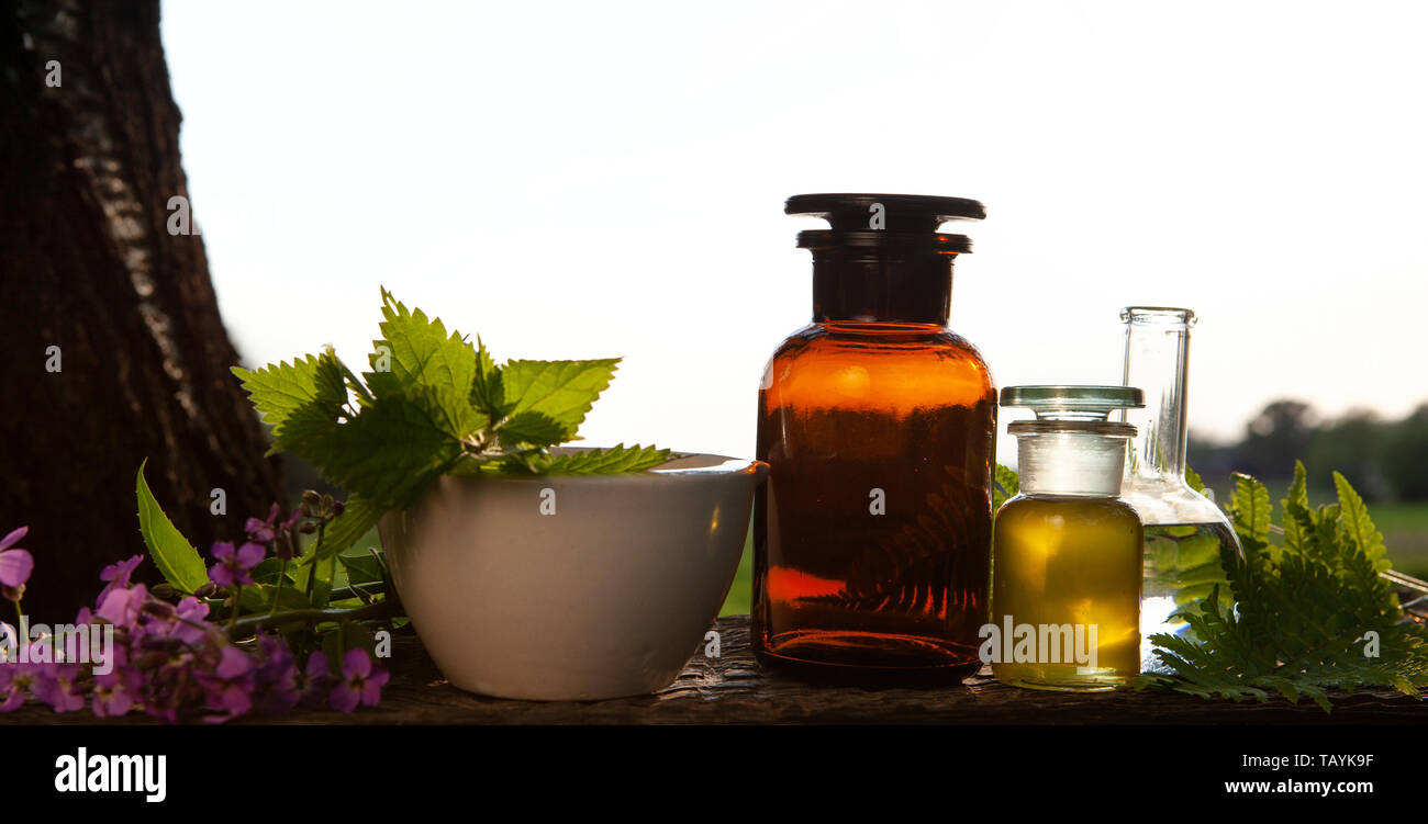 Oli essenziali con fiori a base di erbe per un trattamento di aromaterapia. A base di erbe della medicina alternativa - visite mediche di vetro. Foto Stock