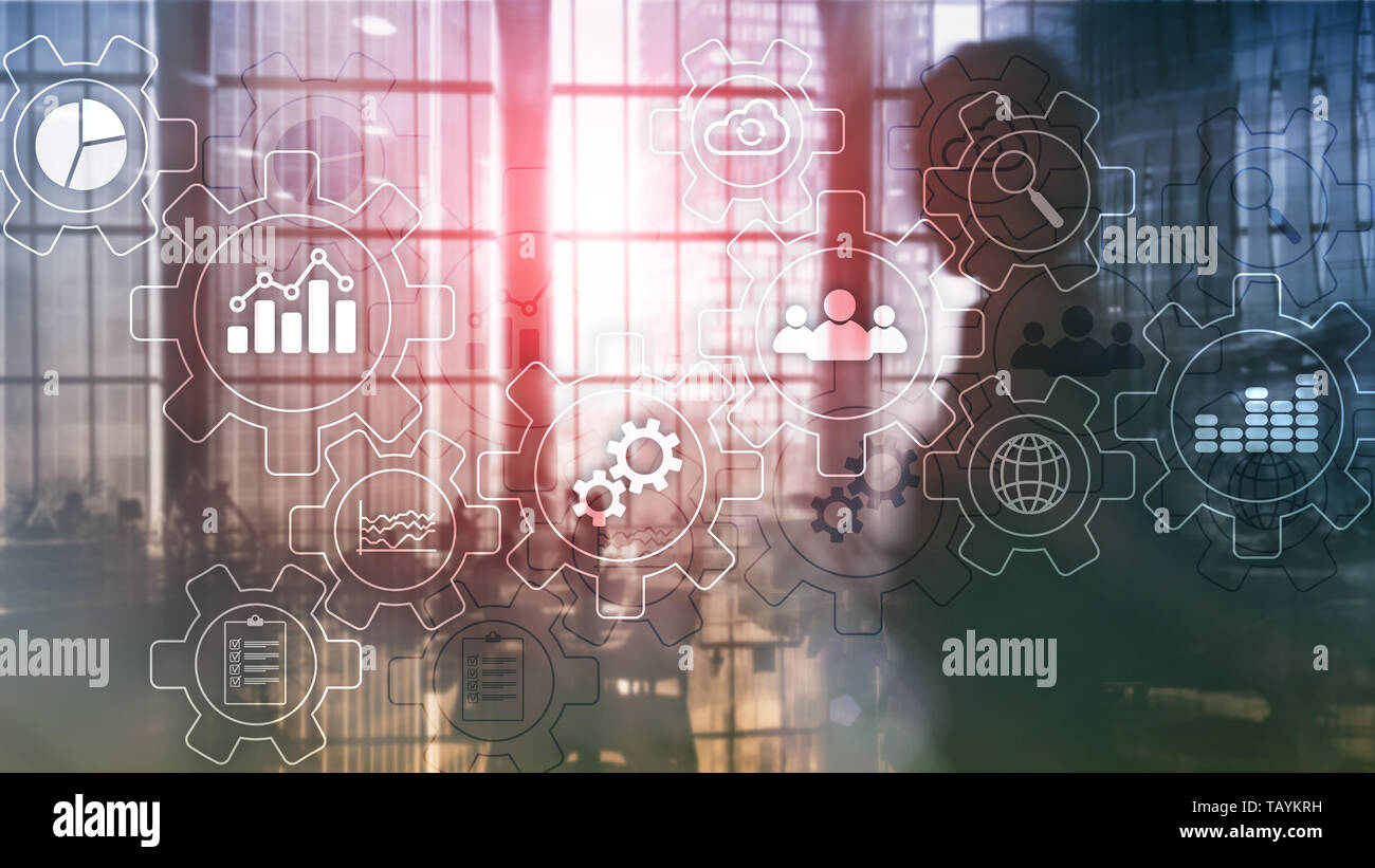 Processo aziendale schema astratto con gli ingranaggi e le icone. Il flusso di lavoro e automazione il concetto di tecnologia. Foto Stock