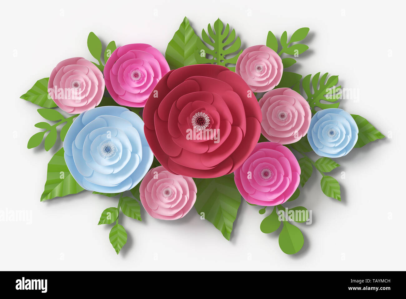 Fiore di Stile di carta e colorati di rosa, carta artigianale floreali, rendering 3D, con percorso di clipping. Foto Stock