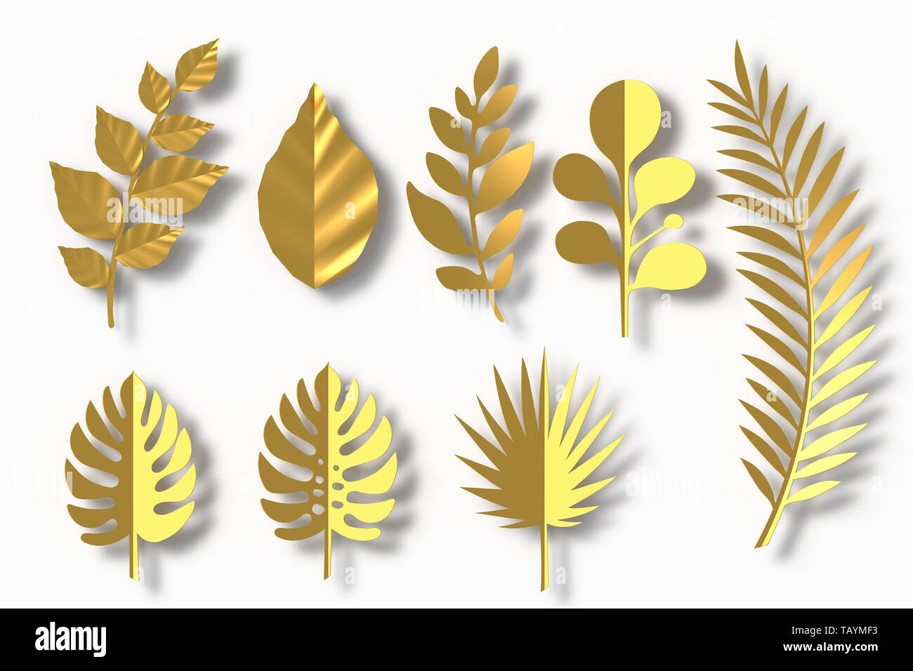 Foglie di oro lo stile di carta, carta artigianale floreali, rendering 3D, con percorso di clipping. Foto Stock