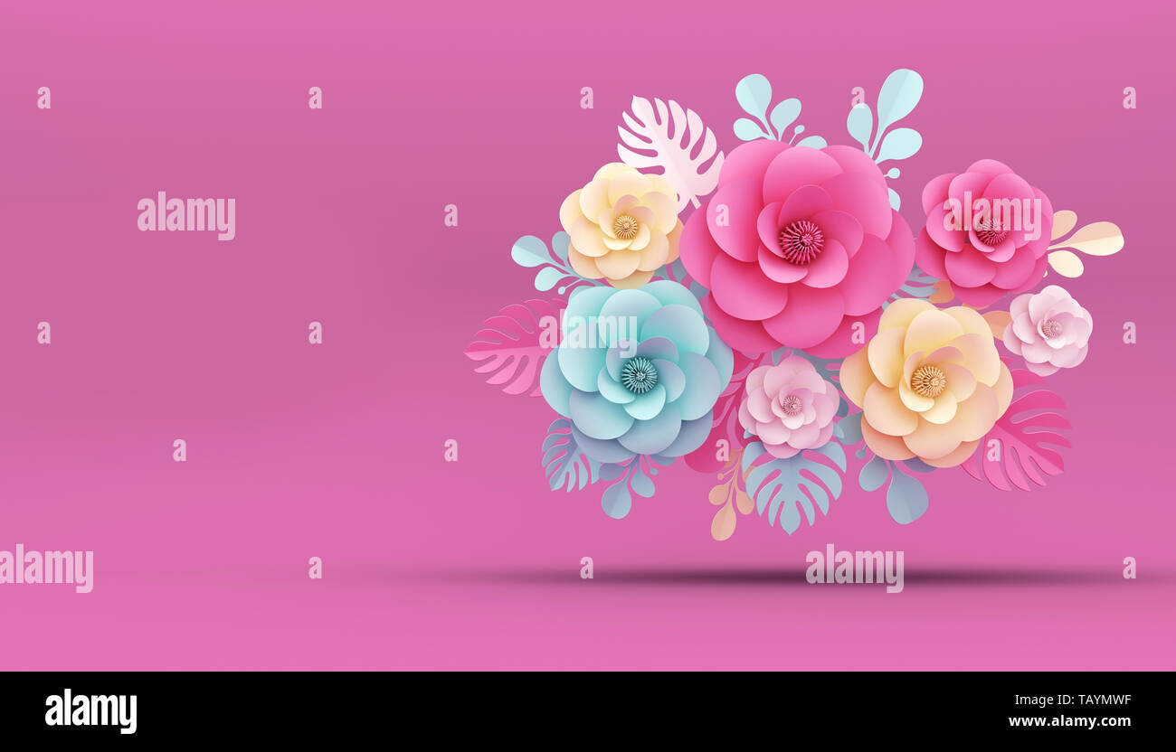 Fiore di Stile di carta e colorati di rosa, carta artigianale floreali, rendering 3D, con percorso di clipping. Foto Stock