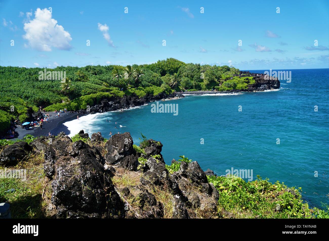 Bella spiaggia e l'oceano scenario da Maui preso dalla famosa strada di Hana Foto Stock