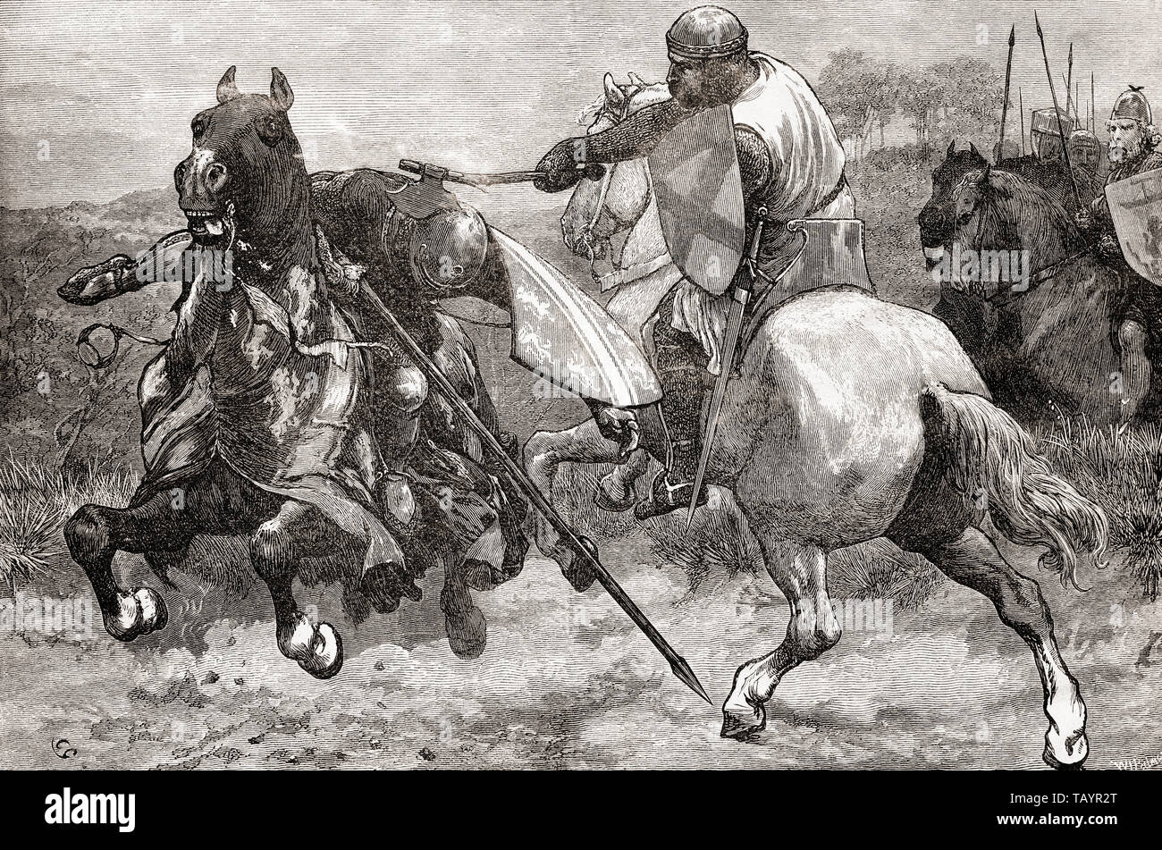 La morte di Sir Henry de Bohun, ucciso da Robert the Bruce durante la Battaglia di Bannockburn, 1314. Da La Ilustracion Iberica, pubblicato nel 1884. Foto Stock