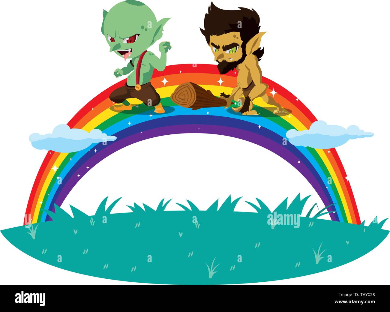 Brutto troll con caveman gnome e rainbow illustrazione vettoriale design Illustrazione Vettoriale