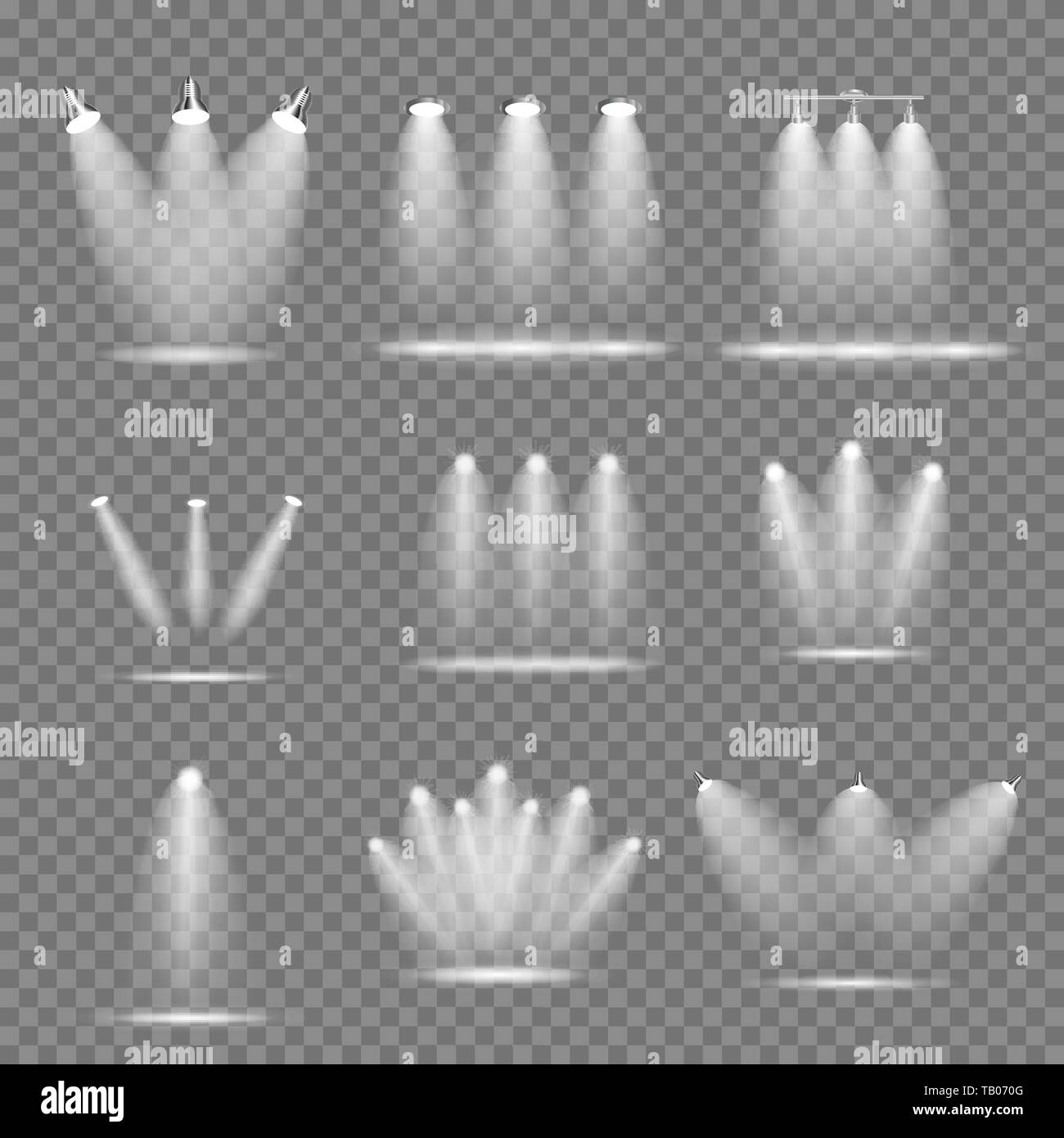 Set di realistico proiettori luminosi lampada di illuminazione collezione con faretti effetti di illuminazione con trasparenza isolato su sfondo trasparente. Vec Illustrazione Vettoriale
